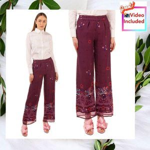NWT ALPHAMIMENT Women's Silk Burgundy Red Trouser Pants 40 High Rise Embroidered
